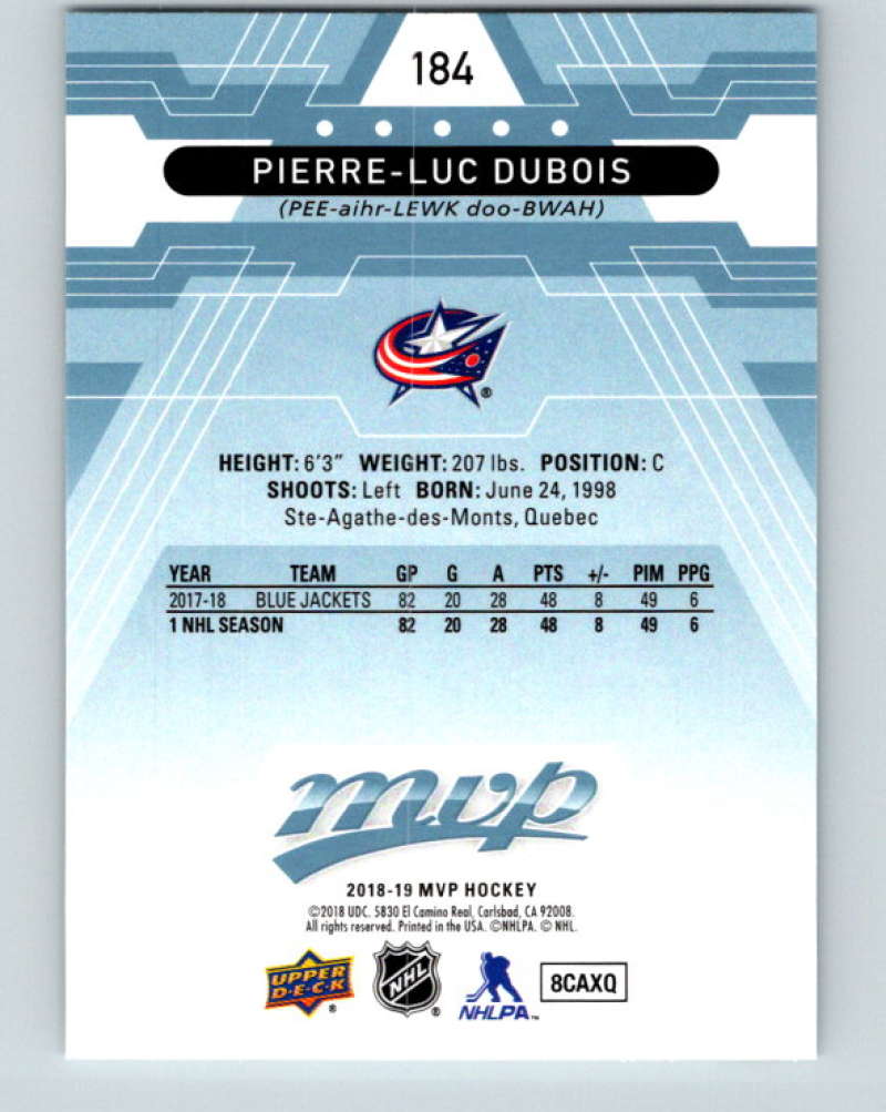 2018-19 Upper Deck MVP #184 Pierre-Luc Dubois Mint Columbus Blue Jackets  Image 2