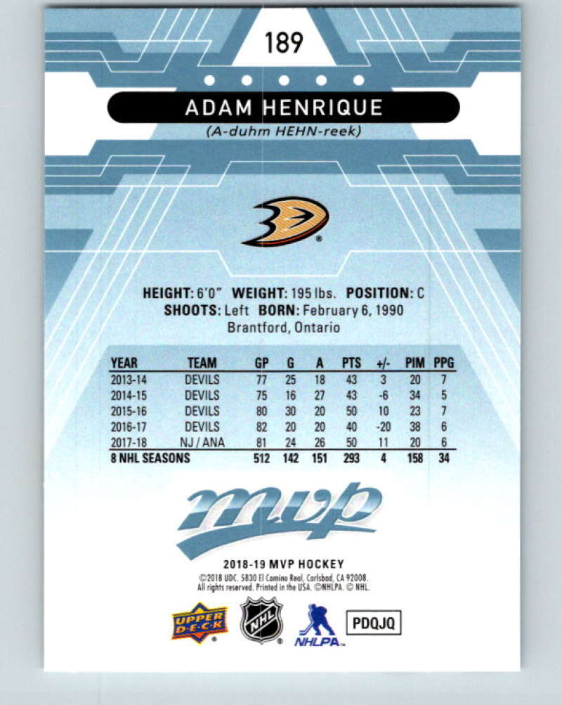 2018-19 Upper Deck MVP #189 Adam Henrique Mint Anaheim Ducks  Image 2
