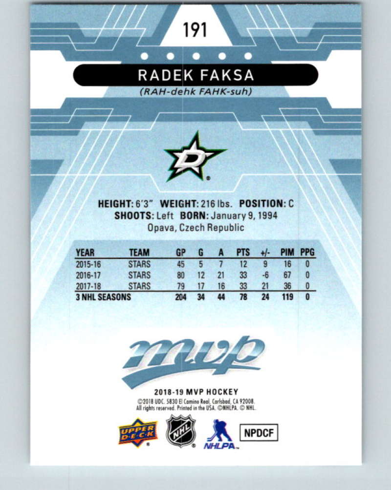 2018-19 Upper Deck MVP #191 Radek Faksa Mint Dallas Stars  Image 2