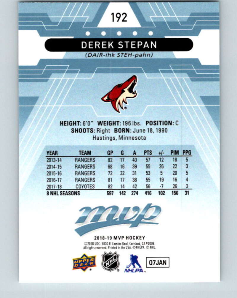 2018-19 Upper Deck MVP #192 Derek Stepan Mint Arizona Coyotes  Image 2