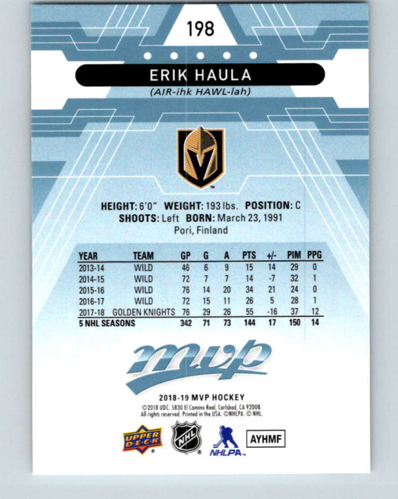 2018-19 Upper Deck MVP #198 Erik Haula Mint Vegas Golden Knights  Image 2