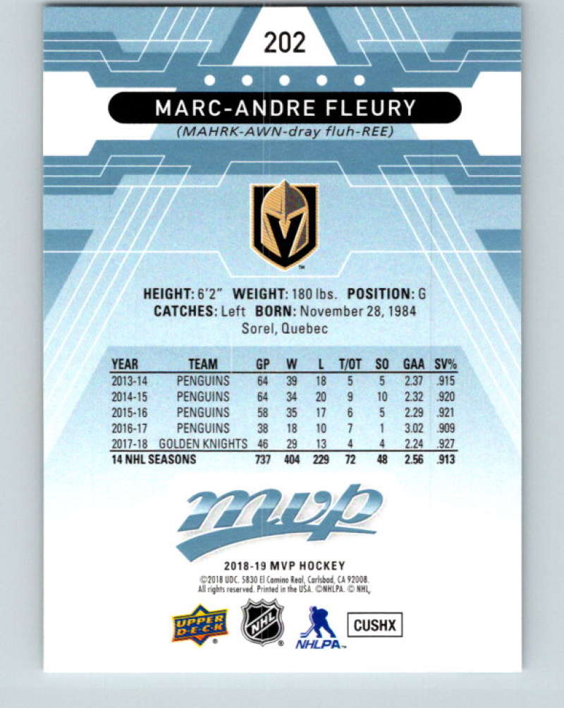2018-19 Upper Deck MVP #202 Marc-Andre Fleury Mint Vegas Golden Knights