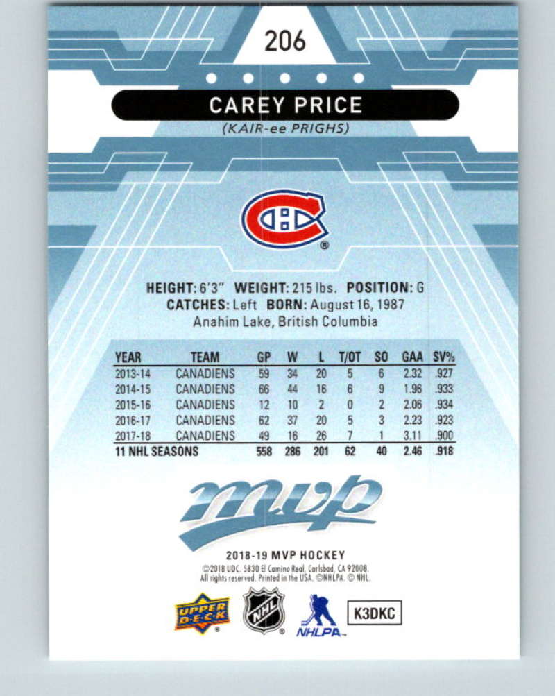 2018-19 Upper Deck MVP #206 Carey Price Mint Montreal Canadiens