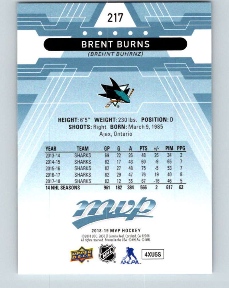 2018-19 Upper Deck MVP #217 Brent Burns Mint San Jose Sharks  Image 2