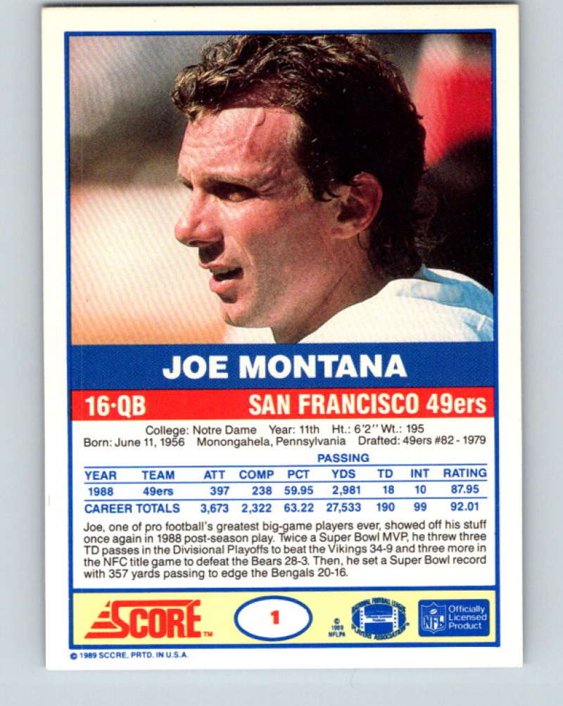 1989 Score #1 Joe Montana Mint San Francisco 49ers