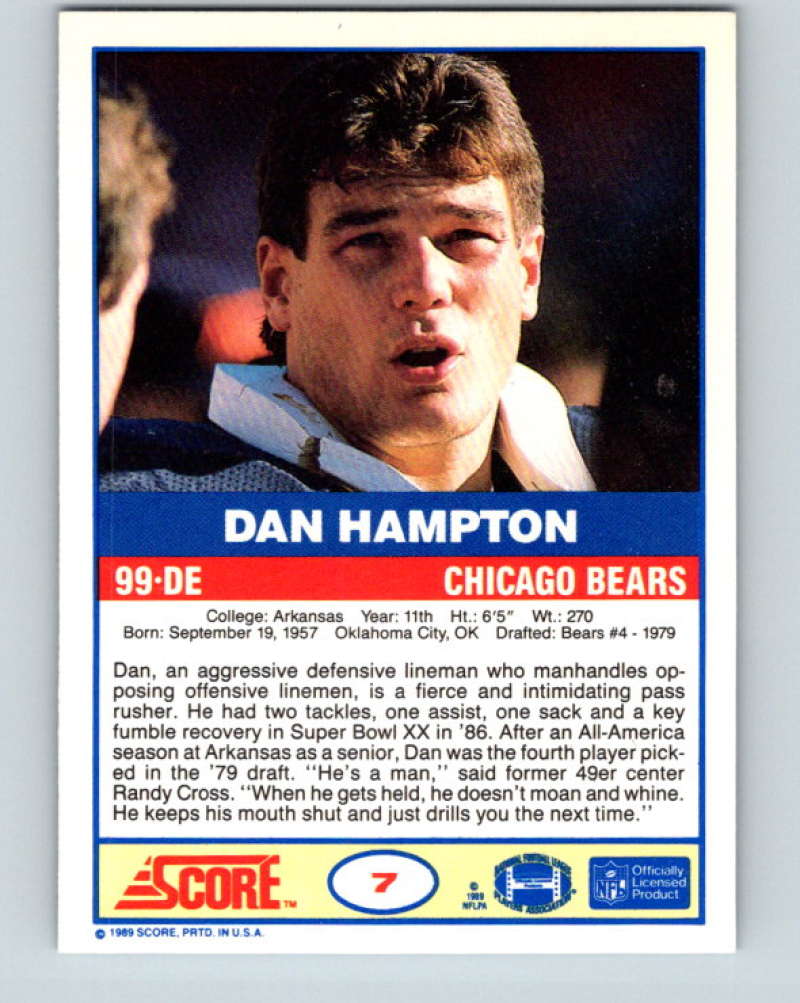 1989 Score #7 Dan Hampton Mint Chicago Bears  Image 2