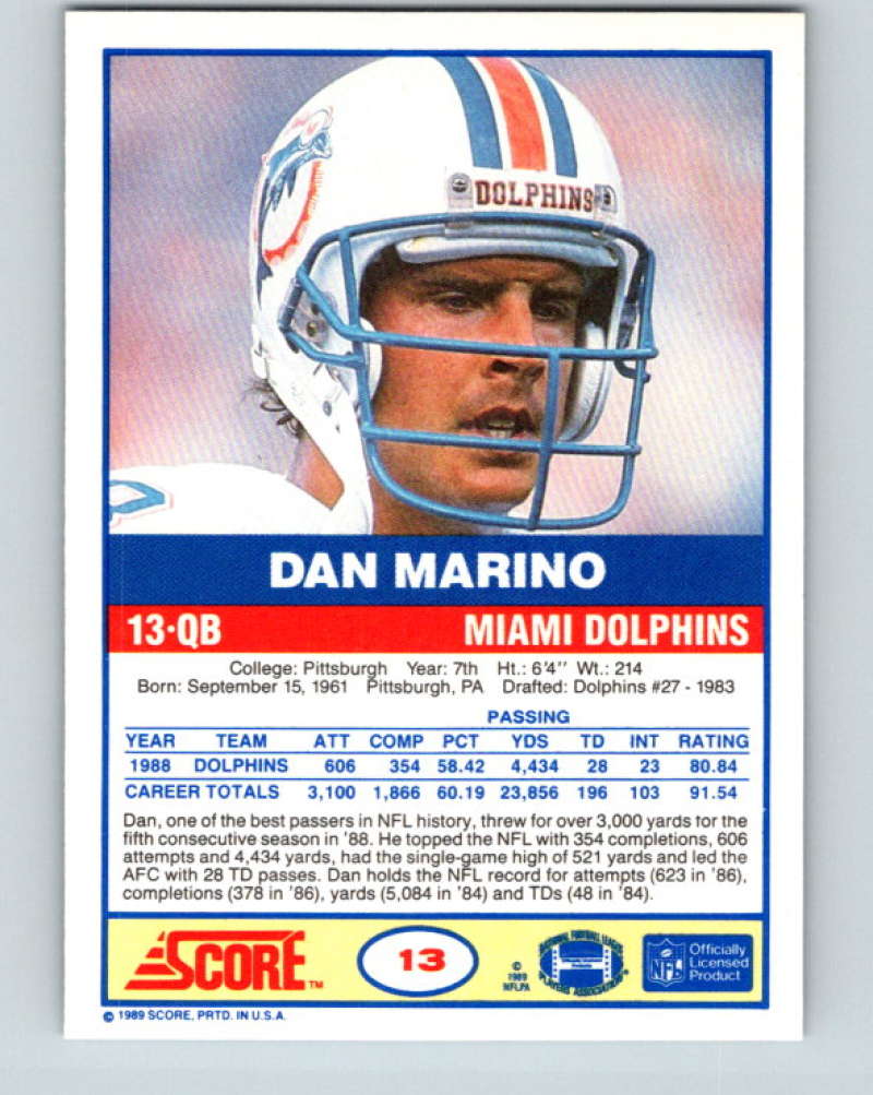 1989 Score #13 Dan Marino Mint Miami Dolphins
