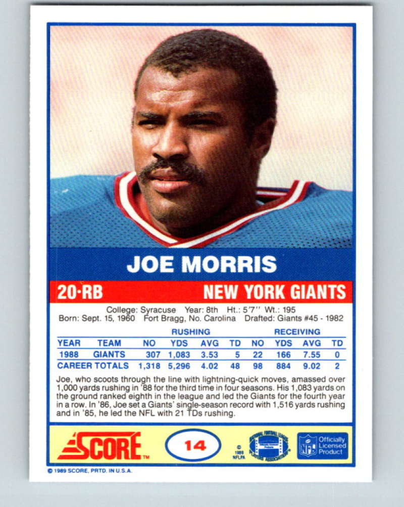 1989 Score #14 Joe Morris Mint New York Giants  Image 2