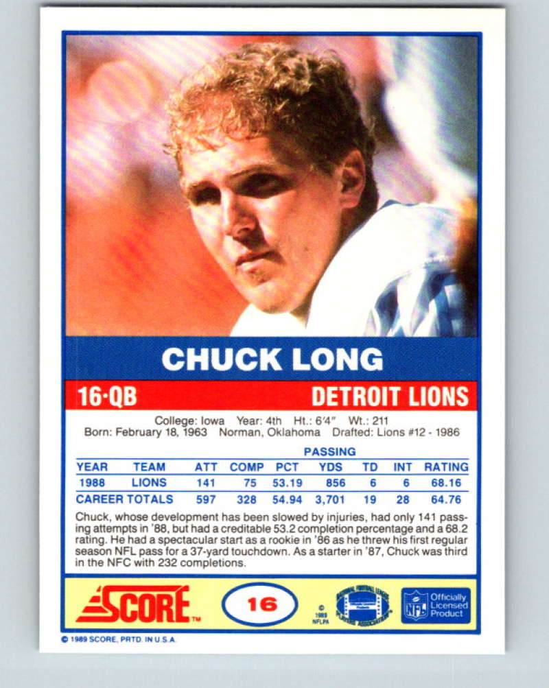 1989 Score #16 Chuck Long Mint Detroit Lions