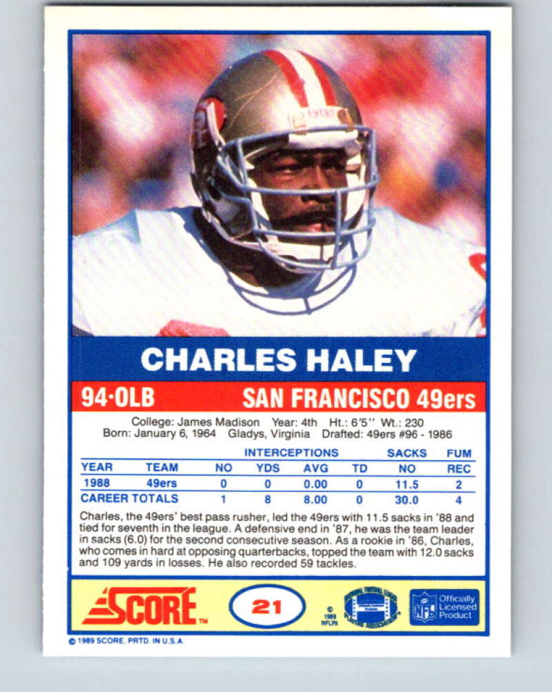 1989 Score #21 Charles Haley Mint San Francisco 49ers  Image 2