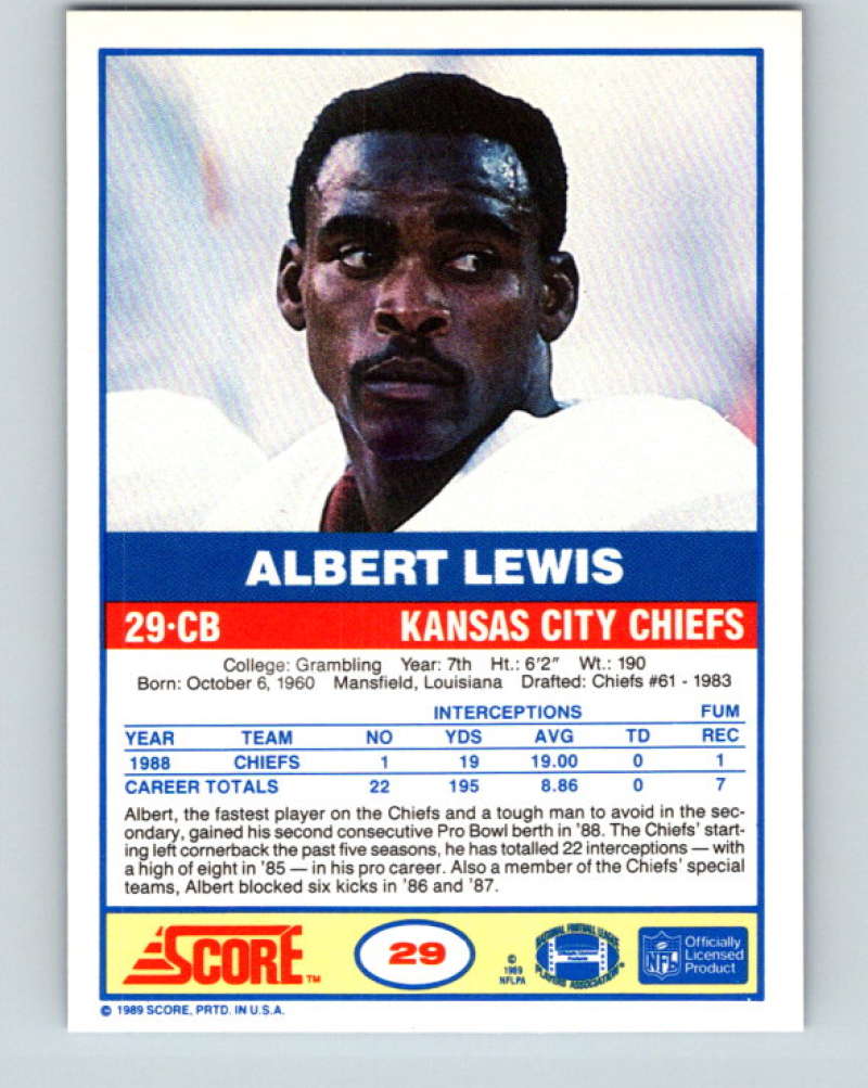 1989 Score #29 Albert Lewis Mint Kansas City Chiefs  Image 2