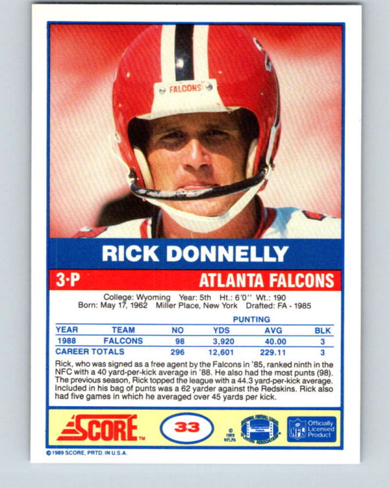 1989 Score #33 Rick Donnelly UER Mint Atlanta Falcons  Image 2