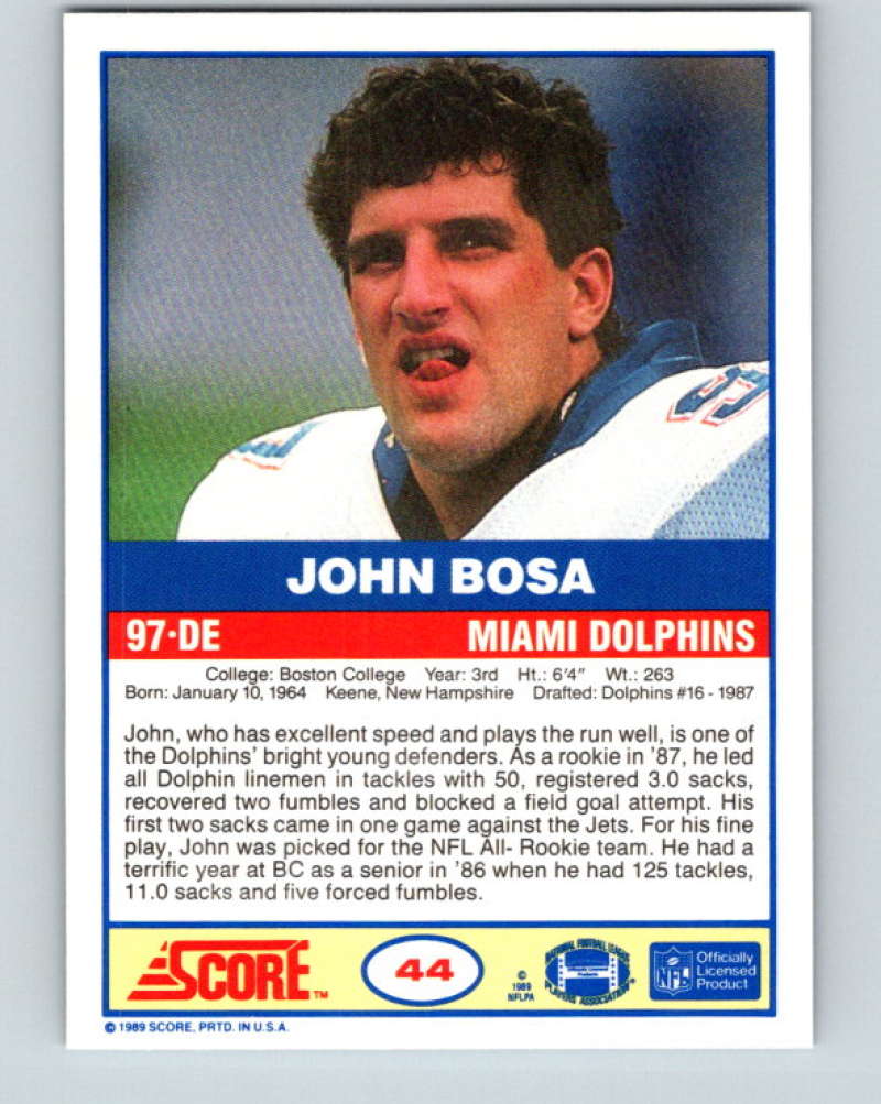 1989 Score #44 John Bosa Mint Miami Dolphins