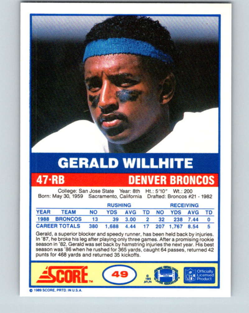 1989 Score #49 Gerald Willhite Mint Denver Broncos