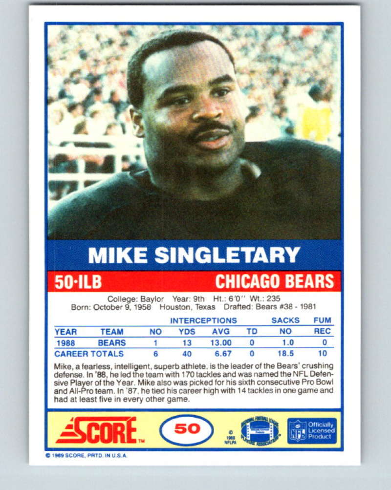 1989 Score #50 Mike Singletary Mint Chicago Bears