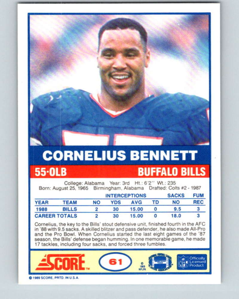 1989 Score #61 Cornelius Bennett Mint Buffalo Bills  Image 2