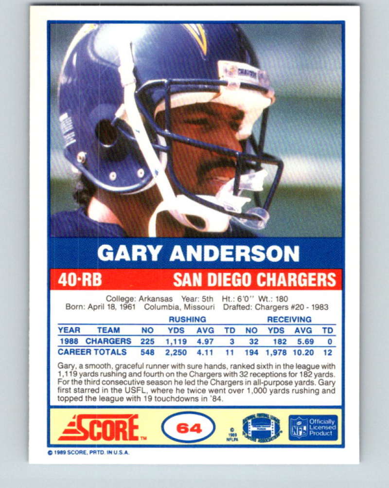 1989 Score #64 Gary Anderson RB Mint San Diego Chargers  Image 2
