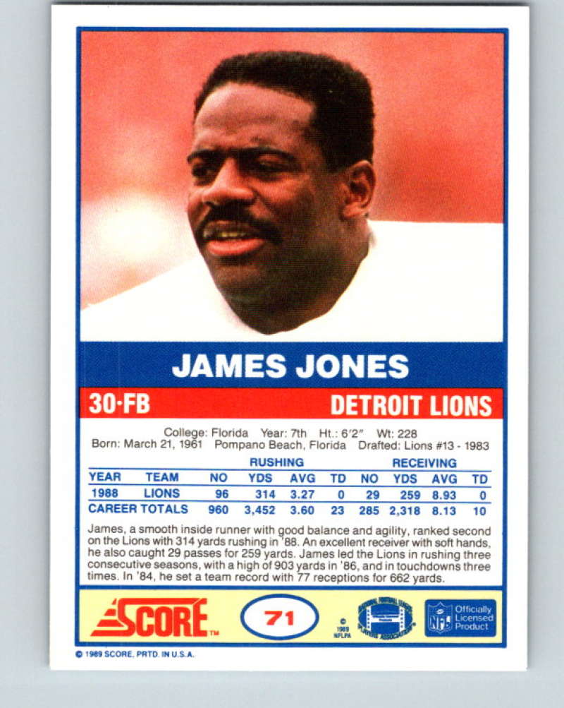 1989 Score #71 James Jones Mint Detroit Lions  Image 2