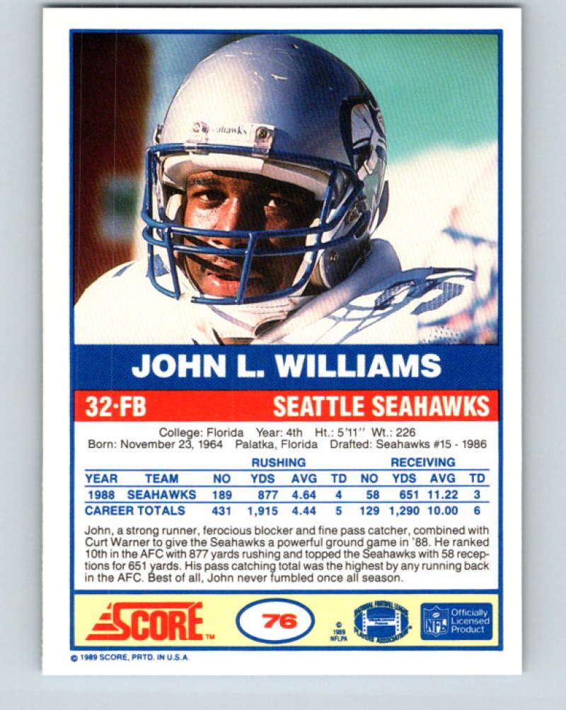 1989 Score #76 John L. Williams Mint Seattle Seahawks  Image 2