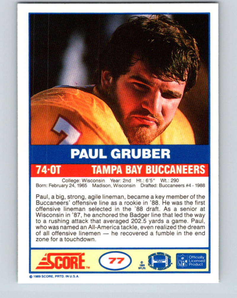 1989 Score #77 Paul Gruber Mint RC Rookie Tampa Bay Buccaneers  Image 2