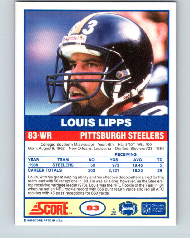 1989 Score #83 Louis Lipps Mint Pittsburgh Steelers  Image 2