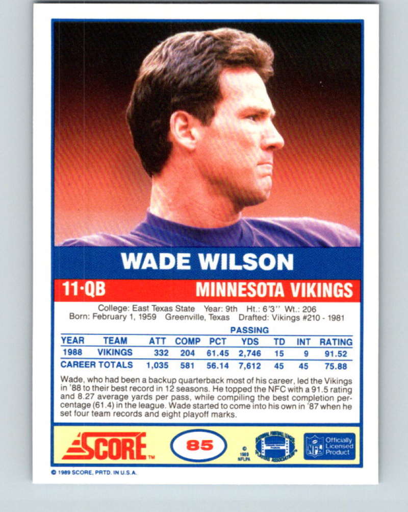 1989 Score #85 Wade Wilson Mint Minnesota Vikings  Image 2