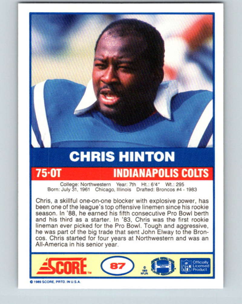 1989 Score #87 Chris Hinton Mint Indianapolis Colts  Image 2