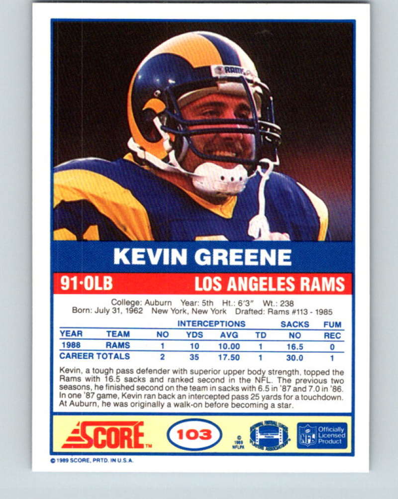 1989 Score #103 Kevin Greene Mint Los Angeles Rams  Image 2