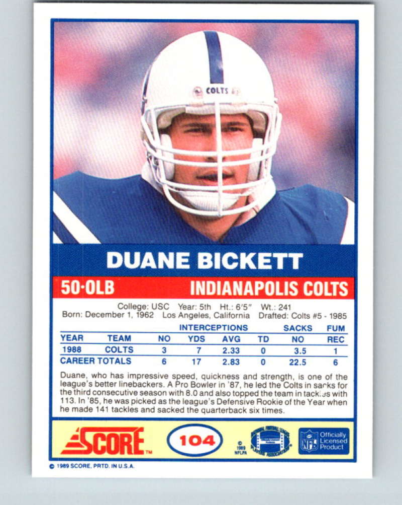 1989 Score #104 Duane Bickett Mint Indianapolis Colts  Image 2