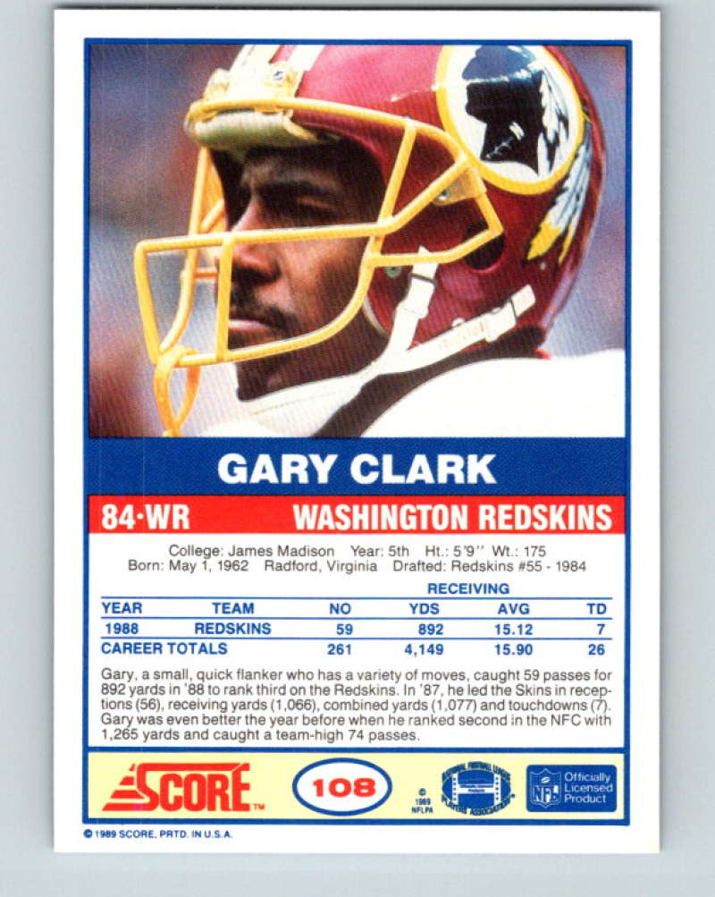 1989 Score #108 Gary Clark Mint Washington Redskins  Image 2