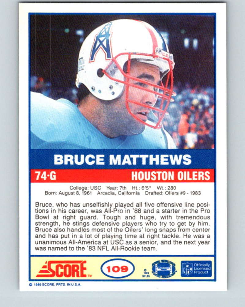 1989 Score #109 Bruce Matthews Mint RC Rookie Houston Oilers