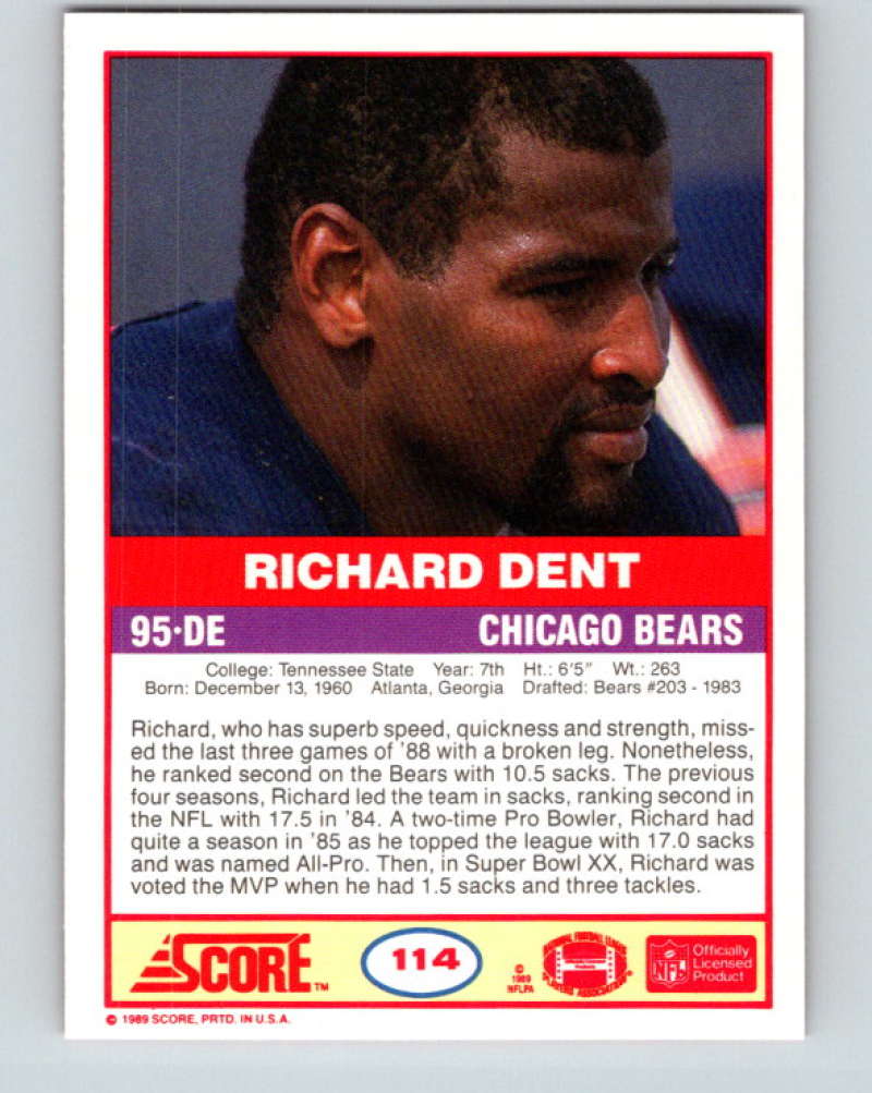 1989 Score #114 Richard Dent Mint Chicago Bears  Image 2