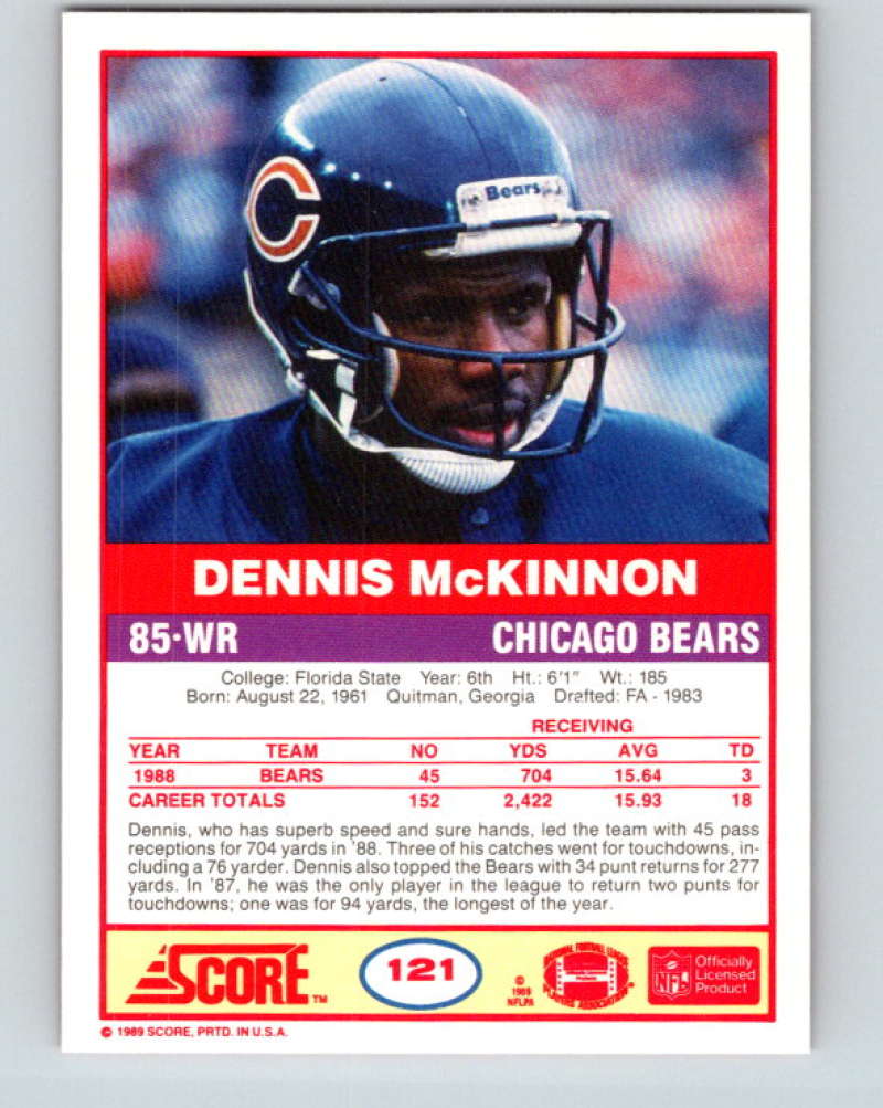1989 Score #121 Dennis McKinnon Mint Chicago Bears  Image 2