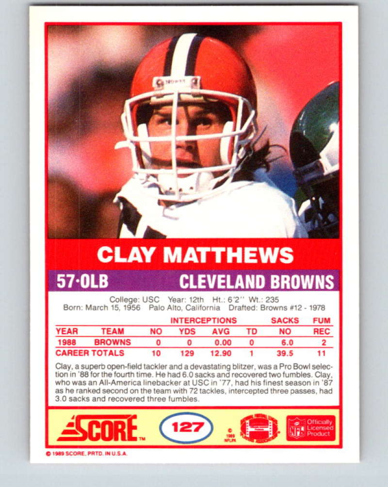 1989 Score #127 Clay Matthews Mint Cleveland Browns  Image 2