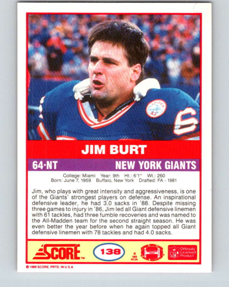 1989 Score #138 Jim Burt Mint New York Giants  Image 2