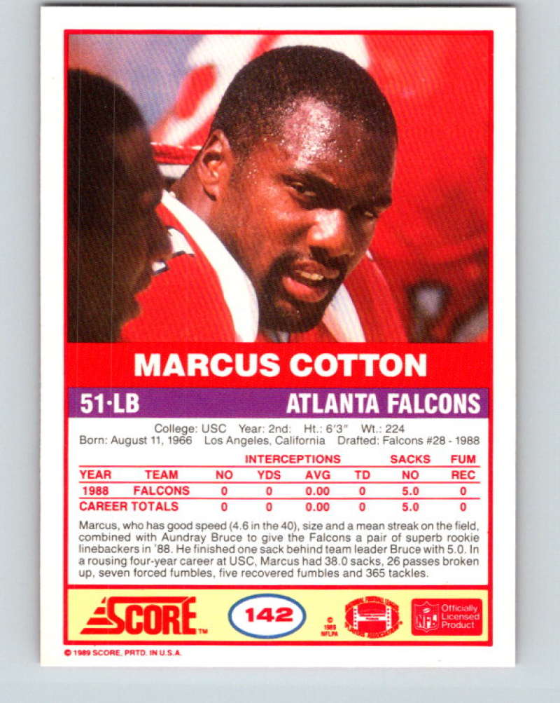1989 Score #142 Marcus Cotton Mint Atlanta Falcons  Image 2