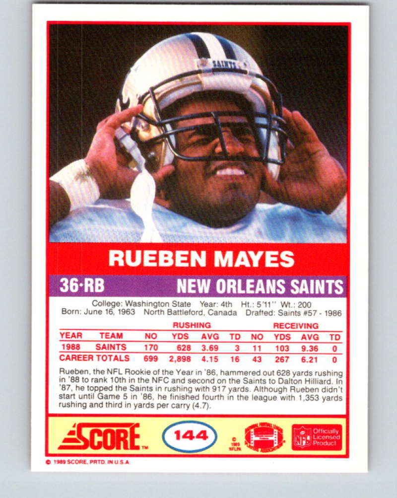 1989 Score #144 Rueben Mayes Mint New Orleans Saints  Image 2