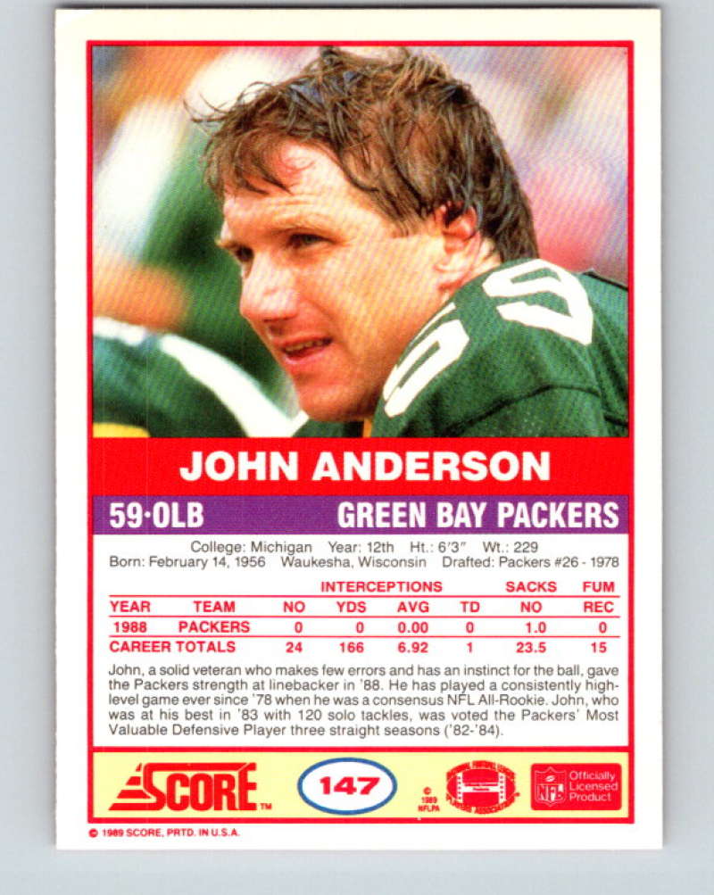 1989 Score #147 John Anderson Mint Green Bay Packers  Image 2