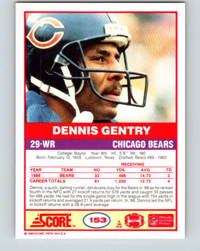 1989 Score #153 Dennis Gentry Mint Chicago Bears  Image 2