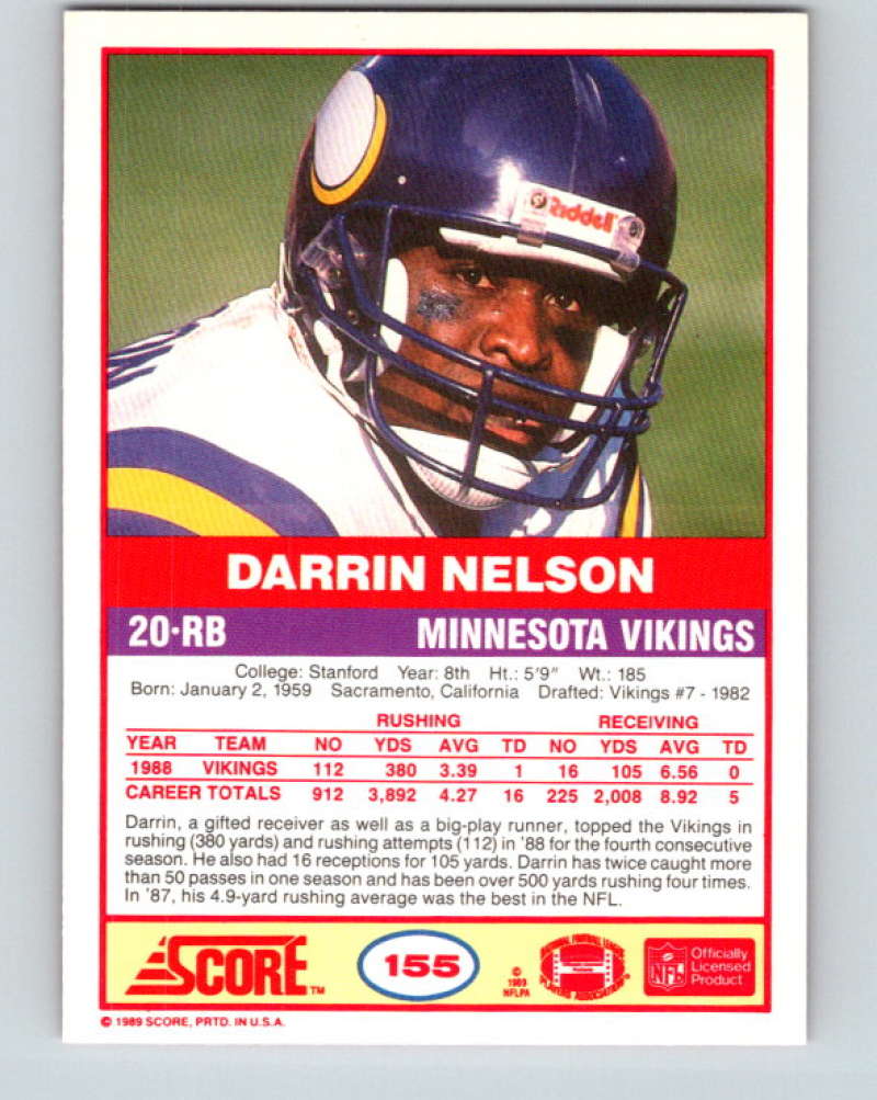 1989 Score #155 Darrin Nelson Mint Minnesota Vikings  Image 2