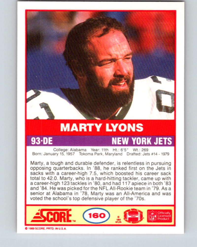 1989 Score #160 Marty Lyons Mint New York Jets  Image 2