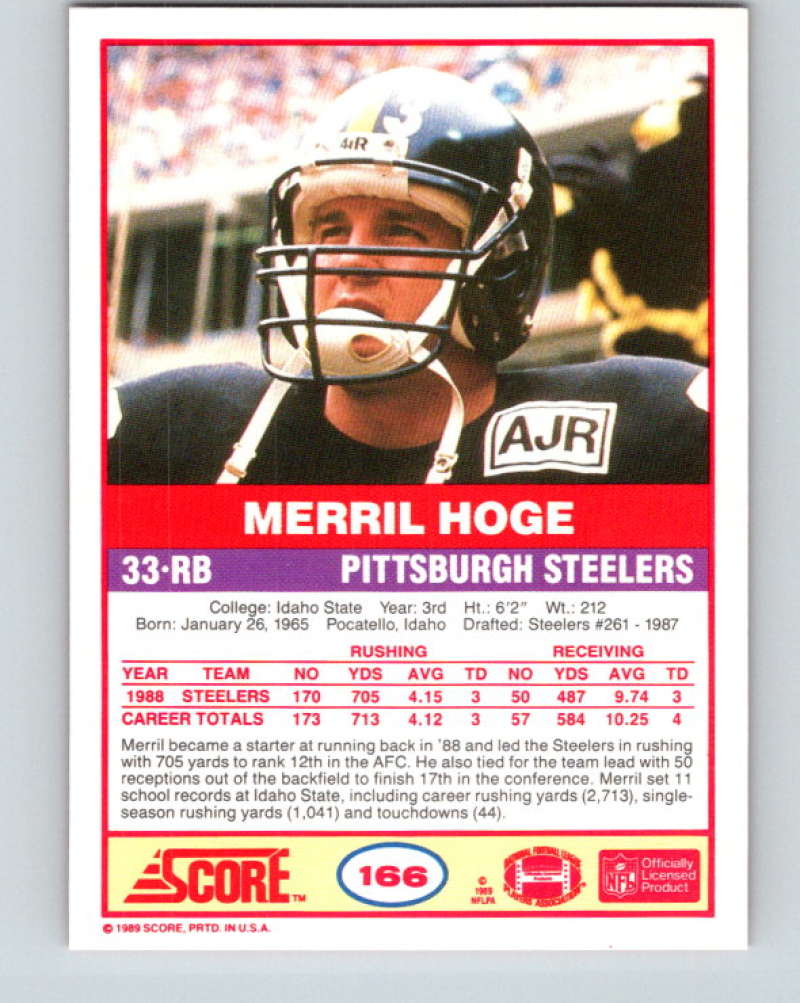 1989 Score #166 Merril Hoge Mint RC Rookie Pittsburgh Steelers