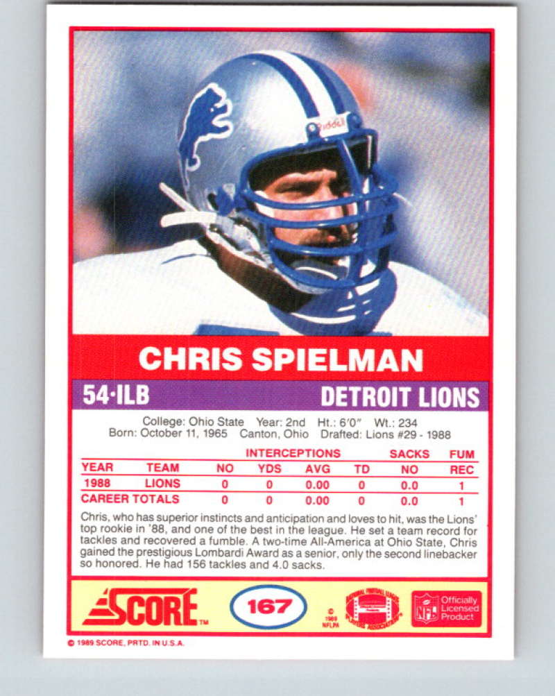 1989 Score #167 Chris Spielman Mint RC Rookie Detroit Lions  Image 2