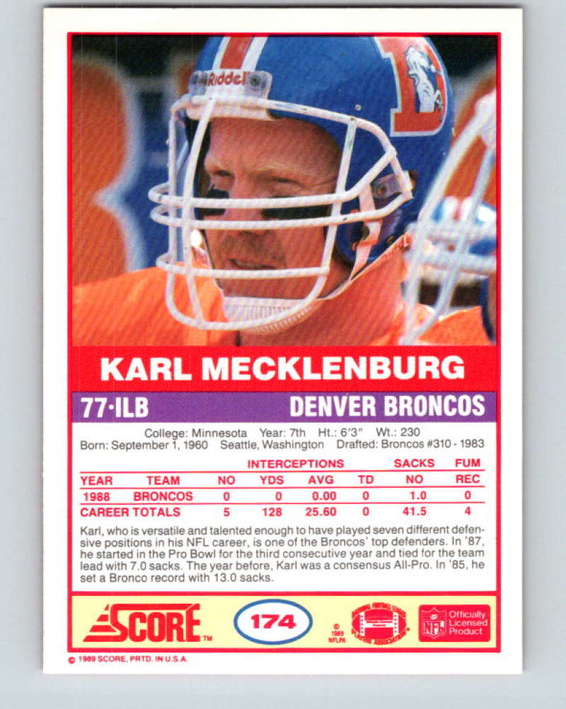 1989 Score #174 Karl Mecklenburg Mint Denver Broncos  Image 2