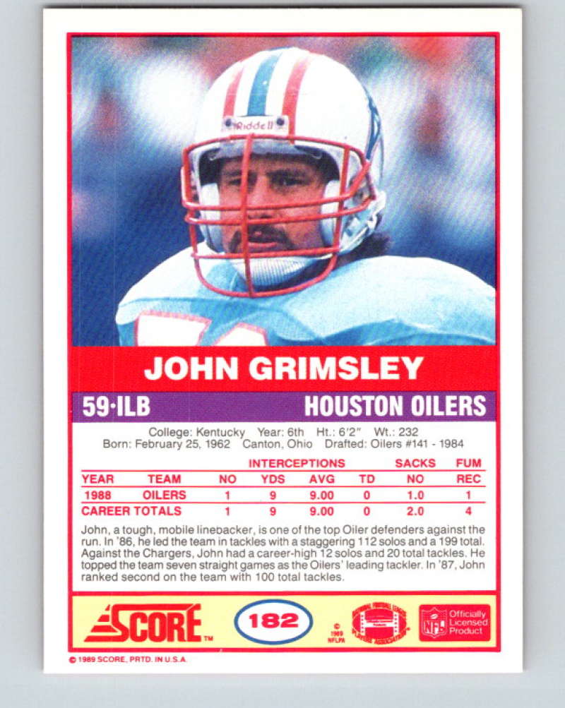 1989 Score #182 John Grimsley Mint Houston Oilers  Image 2