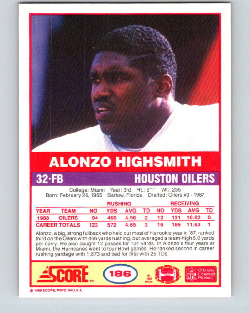 1989 Score #186 Alonzo Highsmith Mint Houston Oilers  Image 2
