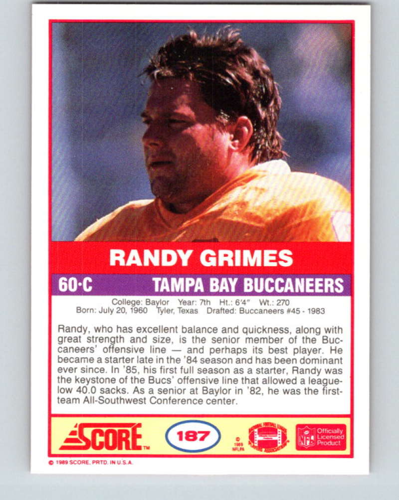 1989 Score #187 Randy Grimes Mint Tampa Bay Buccaneers  Image 2