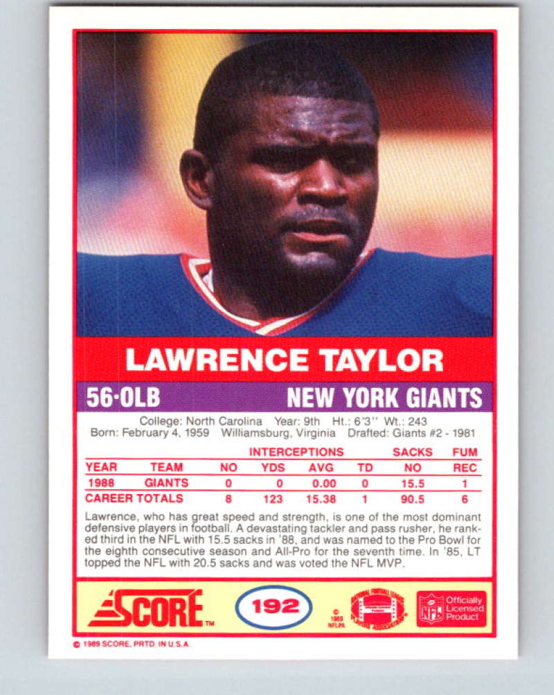 1989 Score #192 Lawrence Taylor Mint New York Giants
