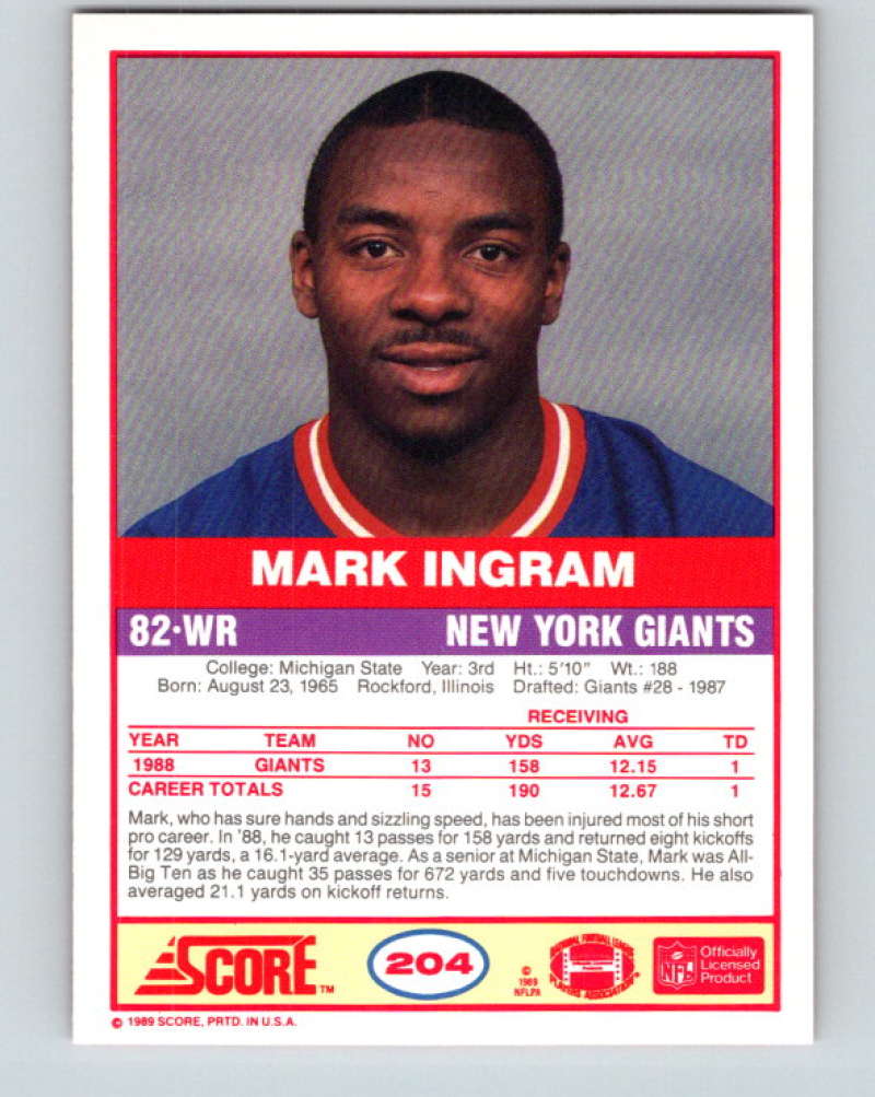 1989 Score #204 Mark Ingram Mint RC Rookie New York Giants  Image 2