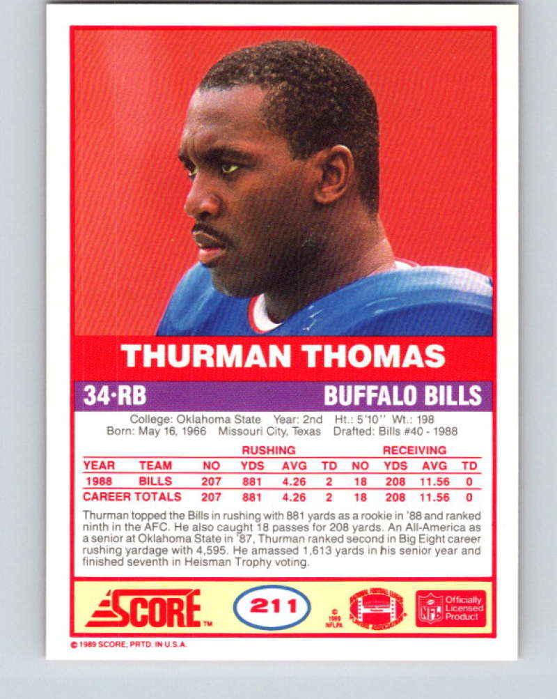 1989 Score #211 Thurman Thomas Mint RC Rookie Buffalo Bills